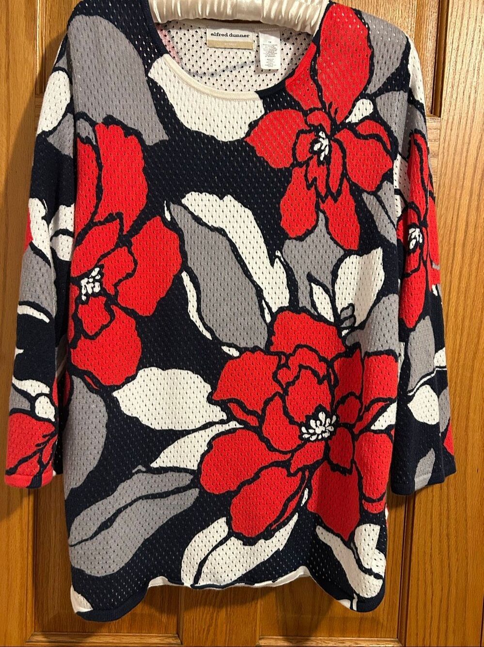 Alfred Dunner Woman 1X Floral Open Knit Layered Top Red Navy Blue Lined 3/4 Sle